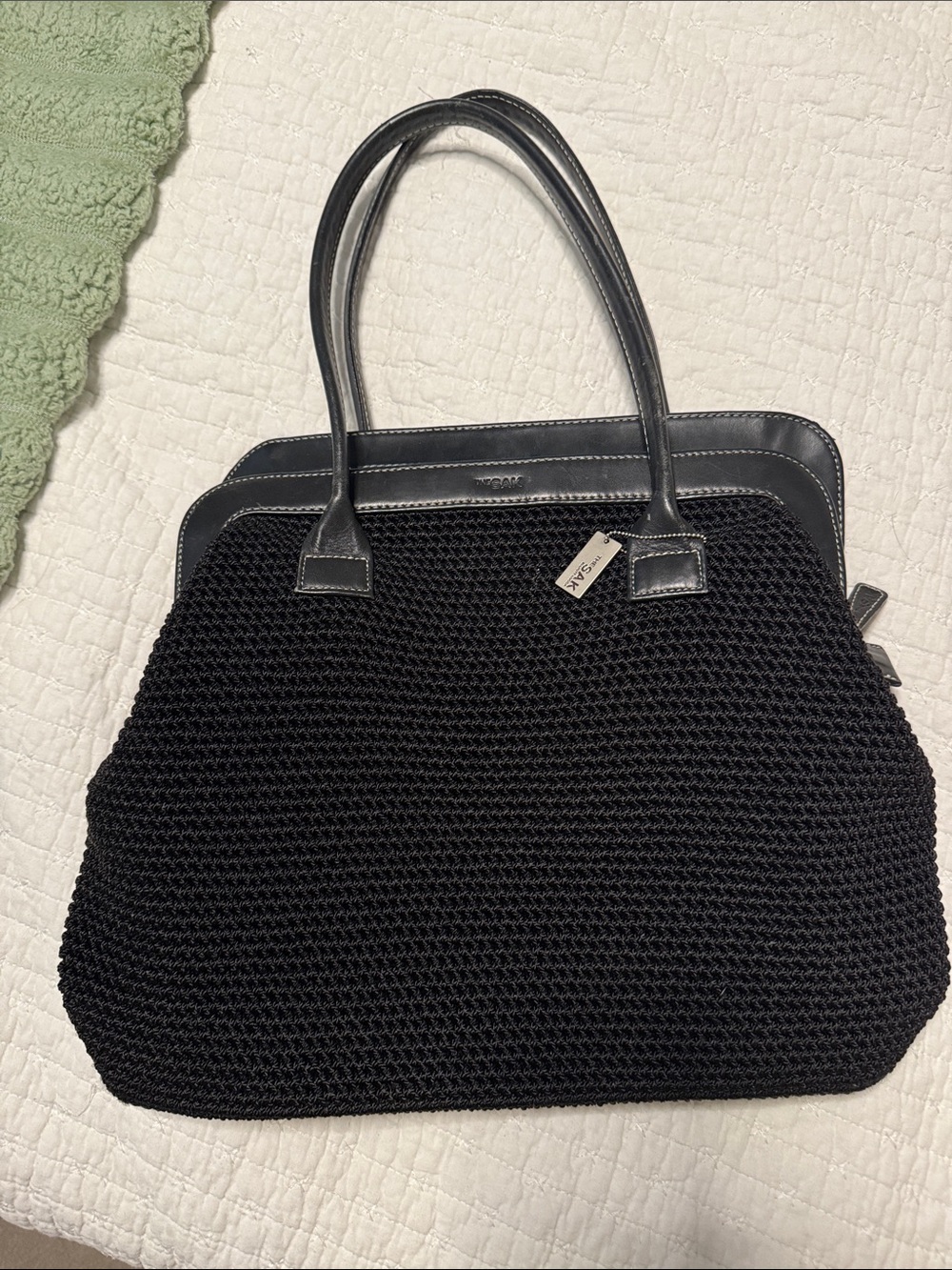 The Sak Black Woven Tote with Leather Trim